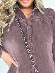 Elegant Plus Size Long Sleeve Denim Dress with Button Front and Smocked Detail -