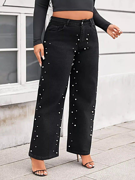 Plus Size Pearl Embellished Wide Leg Jeans -