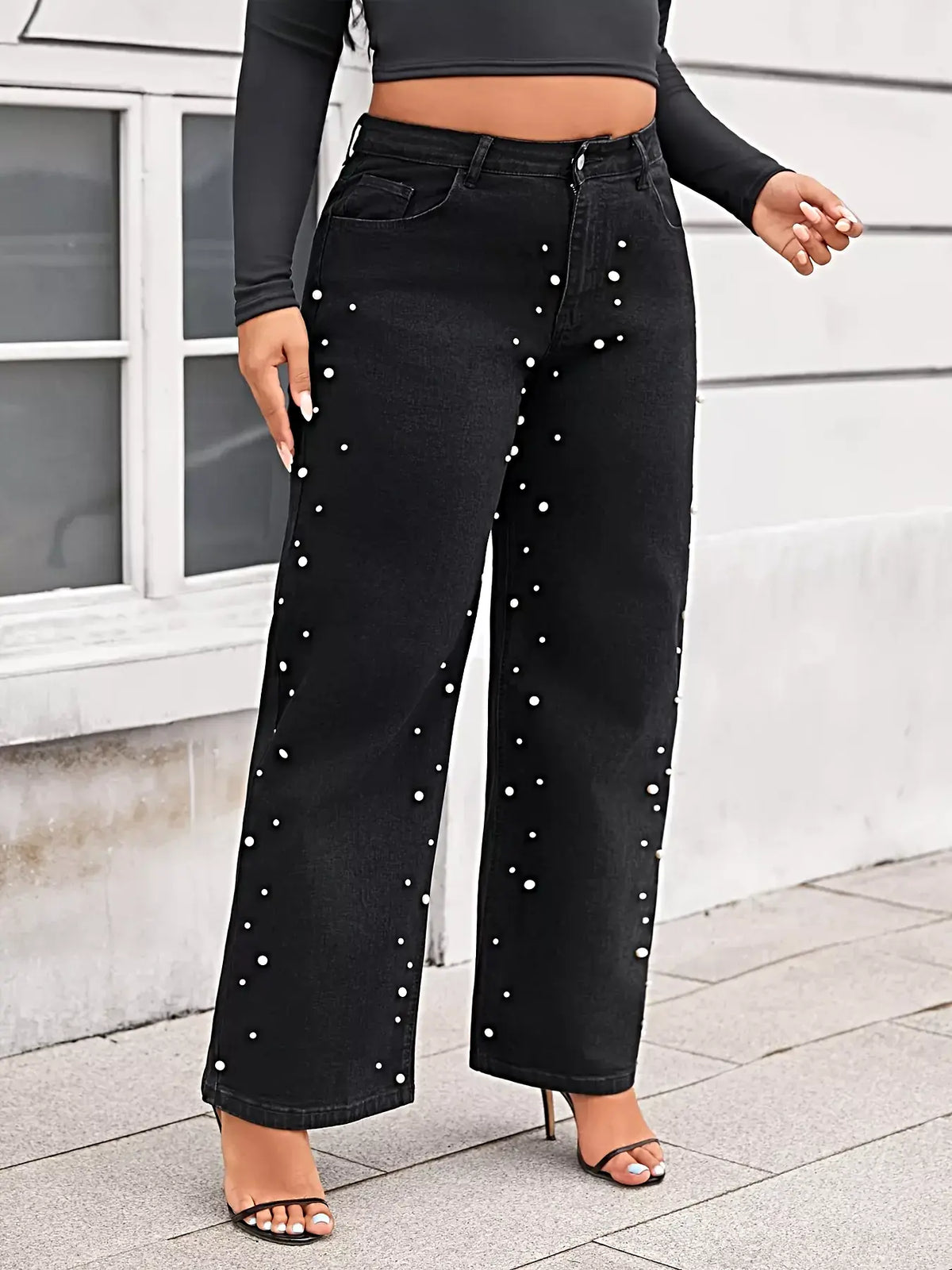 Plus Size Pearl Embellished Wide Leg Jeans -