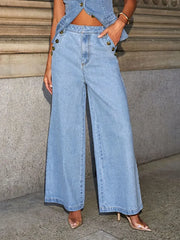 Button Down Vest and Wide Leg Jeans Denim Set -