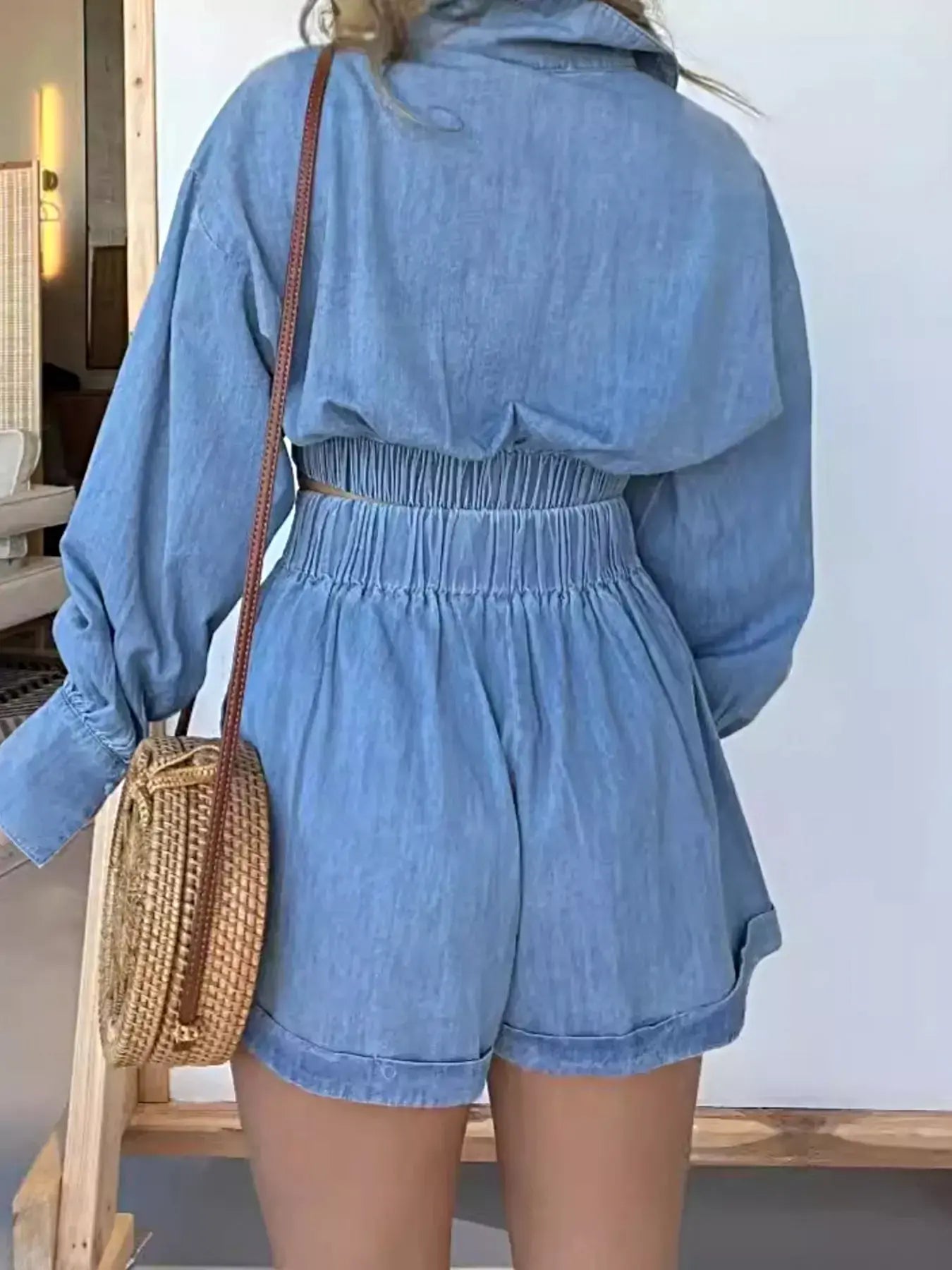 Full Size Long Sleeve Top and Shorts Denim Set Plus Size -