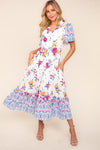 Haptics Printed Notched Short Sleeve Tiered Dress