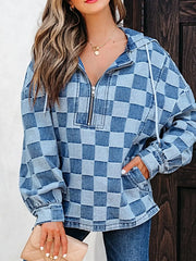 Checkered Half Zip Denim Hoodie Top -