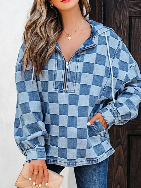 Checkered Half Zip Denim Hoodie Top -