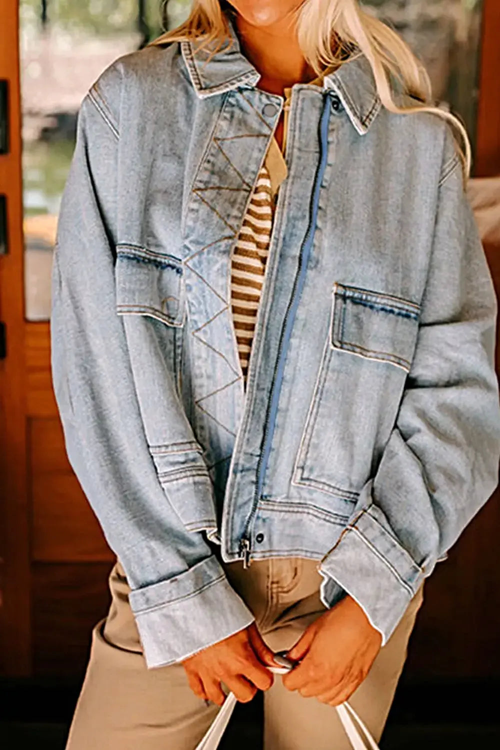 Zip Up Drop Shoulder Denim Jacket -