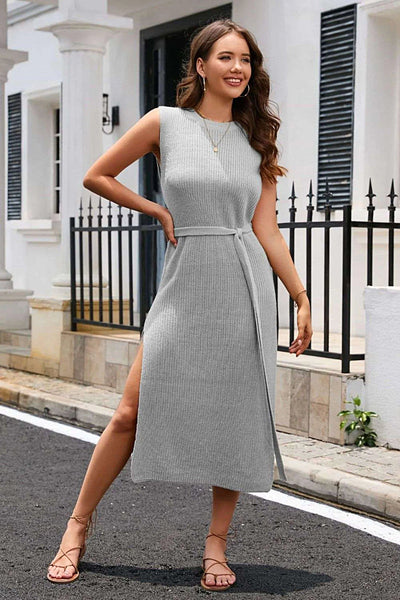 Round Neck Tie Belt Slit Sleeveless Sweater Dress -