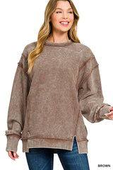 Zenana Acid Washed Double Ribbed Exposed-Seam Sweatshirt -