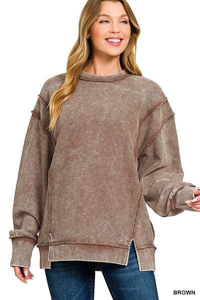 Zenana Acid Washed Double Ribbed Exposed-Seam Sweatshirt -