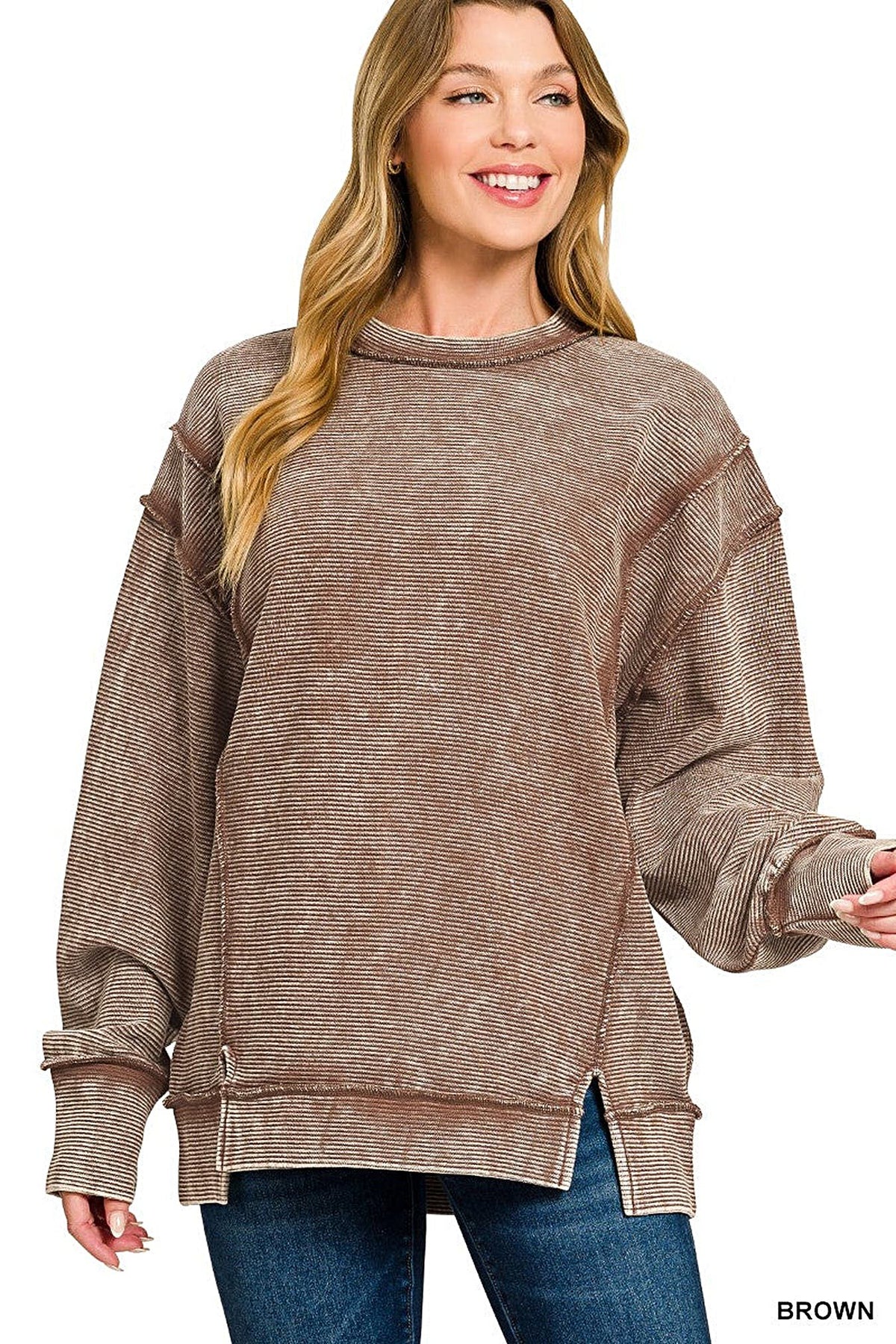 Zenana Acid Washed Double Ribbed Exposed-Seam Sweatshirt -