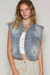 POL Assymetrical Front Closure Raw Hem Denim Vest -