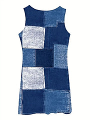 Patchwork Denim Dress - Scoop Neck Sleeveless Midi with Pockets - Versatile and Stylish -