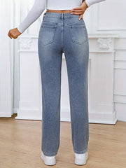 Pearl Embellished High Waist Straight Jeans -