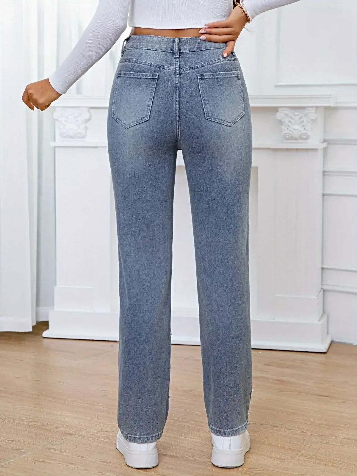Pearl Embellished High Waist Straight Jeans -