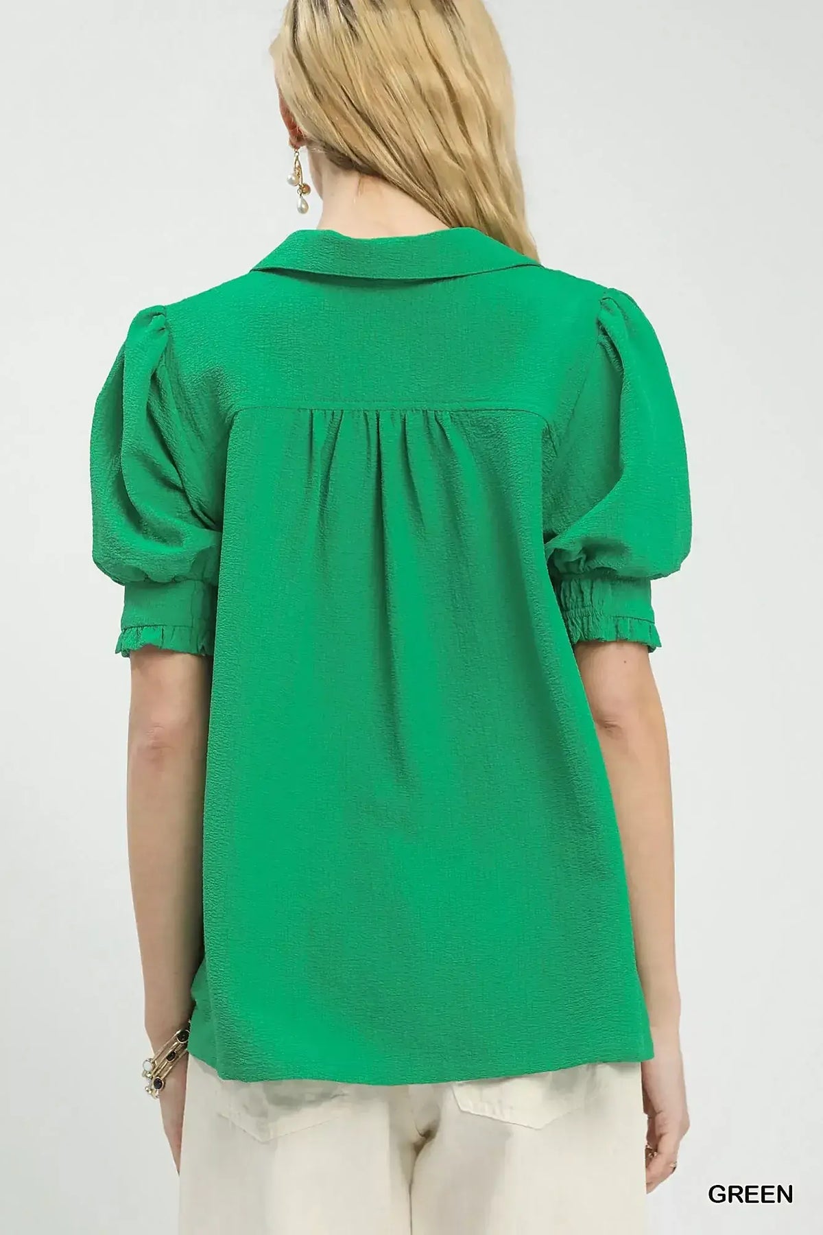 Elegant Seersucker Blouse with Puff Sleeves and Split V-Neck Design, 100% Polyester -