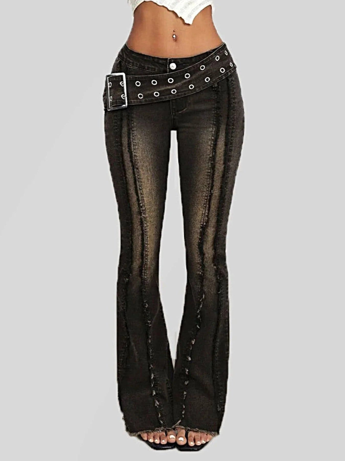 Belted High Waist Flare Jeans -