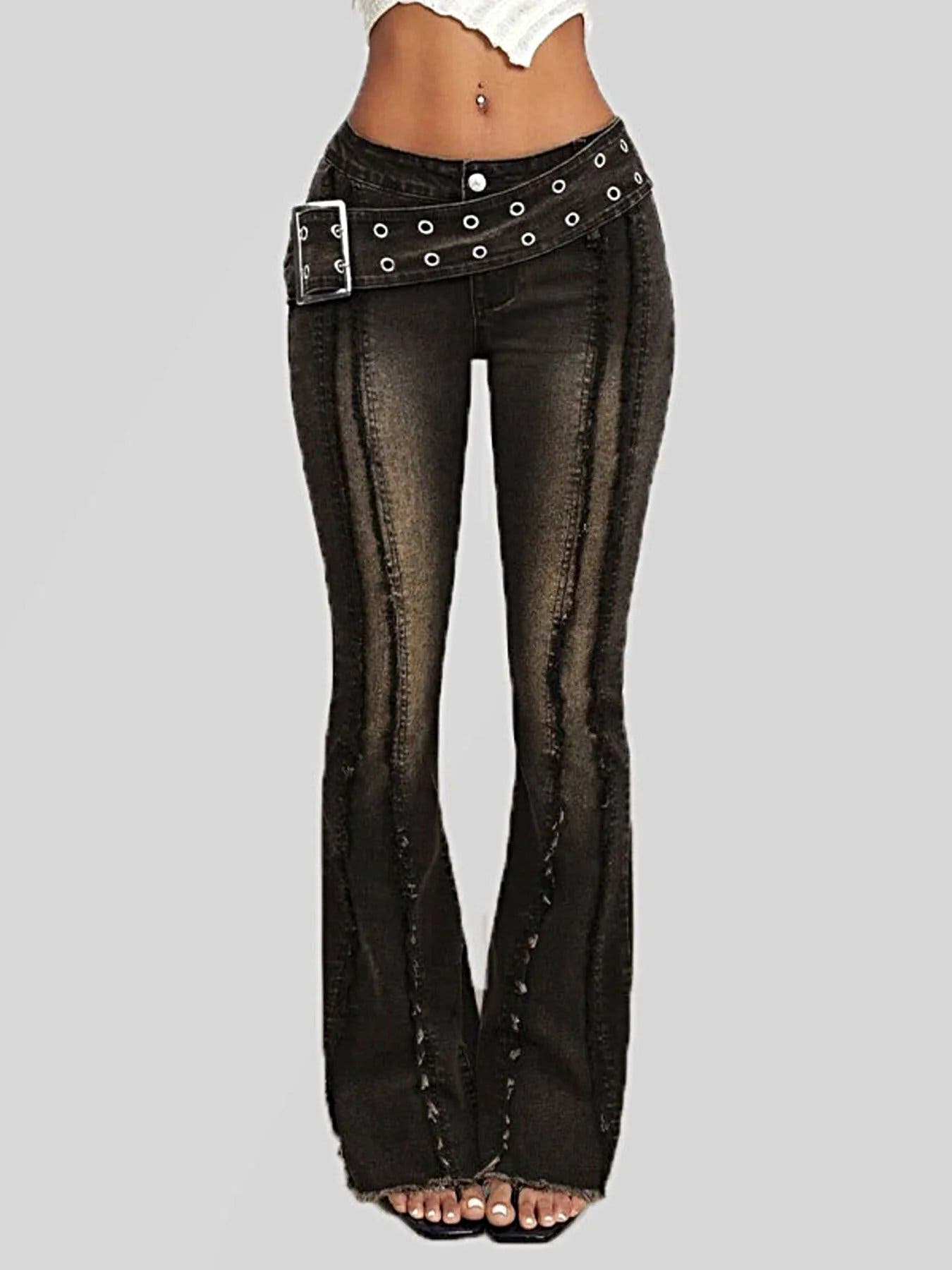 Belted High Waist Flare Jeans -