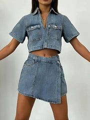 Short Sleeve Cropped Top and Skort Denim Set -