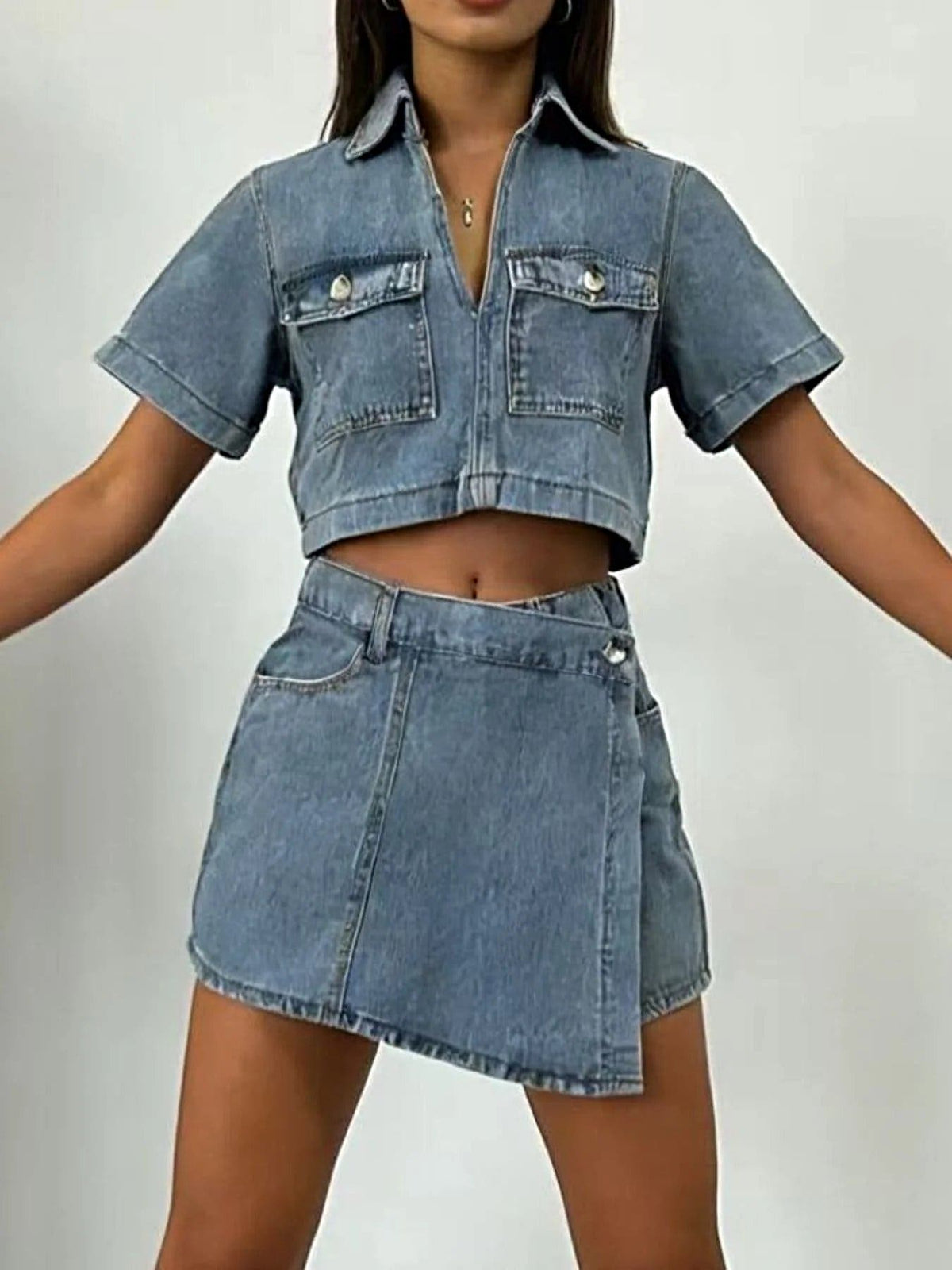 Short Sleeve Cropped Top and Skort Denim Set -