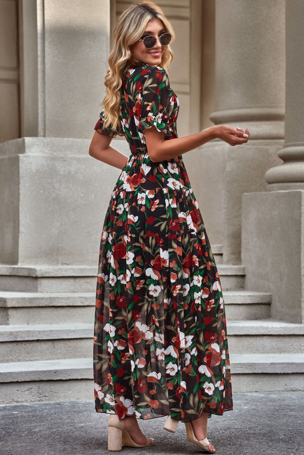 Floral V-Neck Short Flounce Sleeve Dress