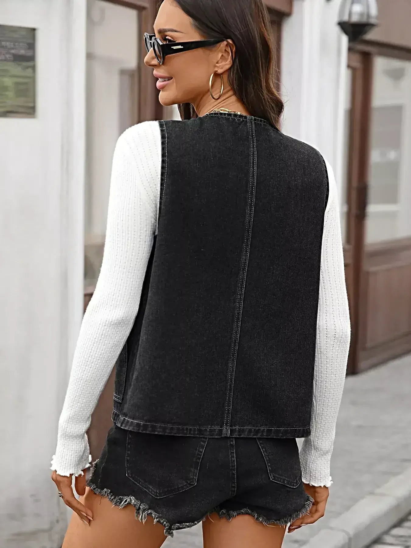 Chic Denim Button Vest with Pockets - Slightly Stretchy, Premium Rayon Blend