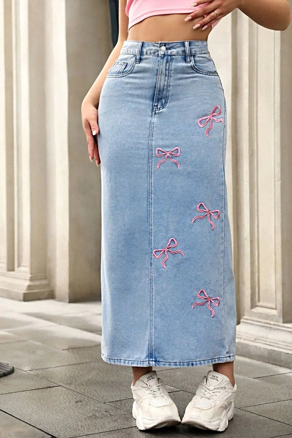 Bow-Embroidered Denim Maxi Skirt -