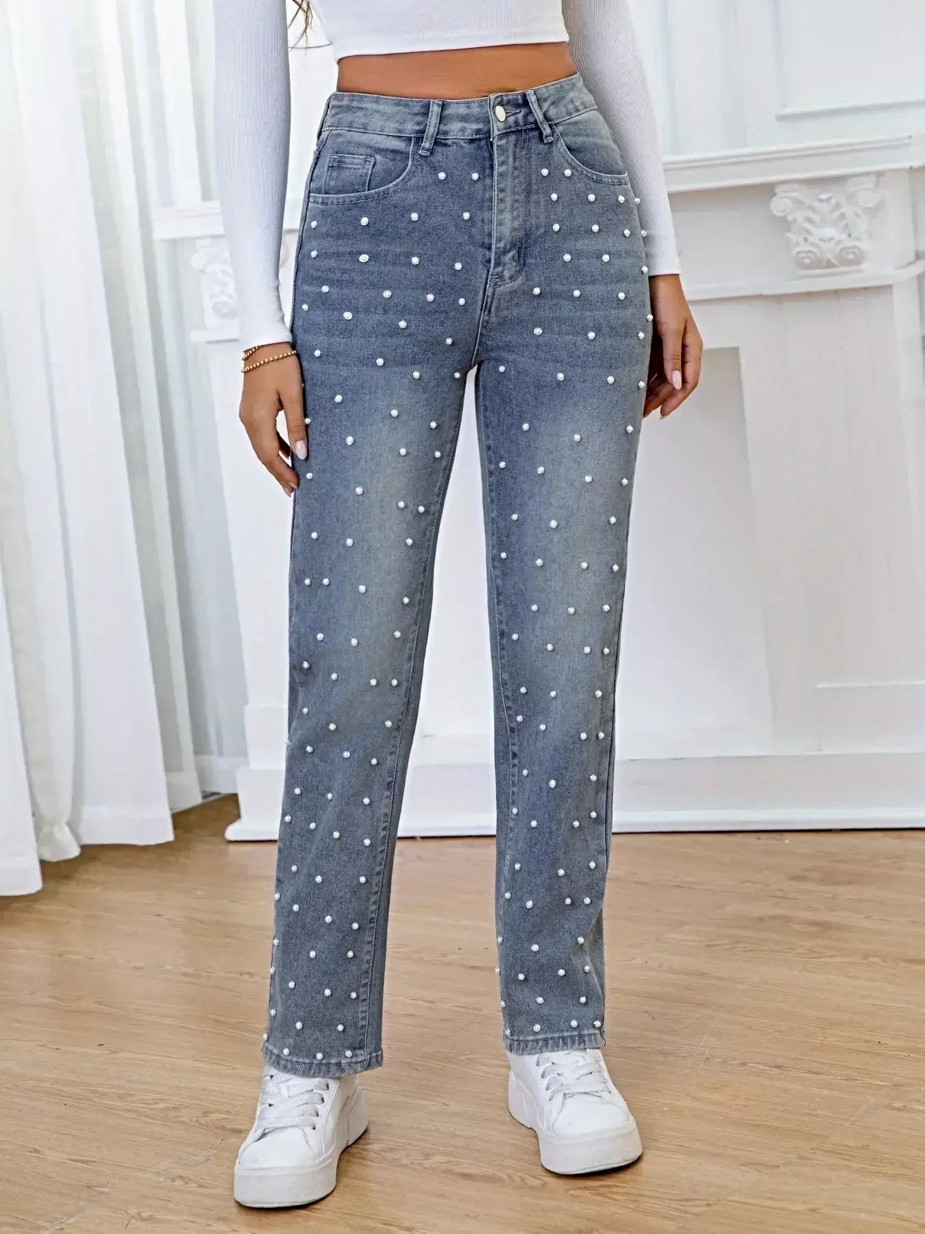 Pearl Embellished High Waist Straight Jeans -