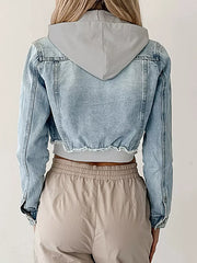 Distressed Zip Up Cropped Hooded Denim Jacket -