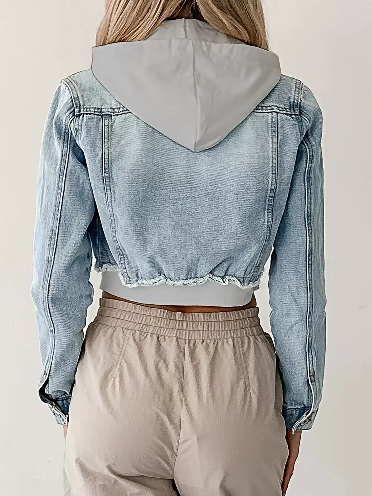 Distressed Zip Up Cropped Hooded Denim Jacket -