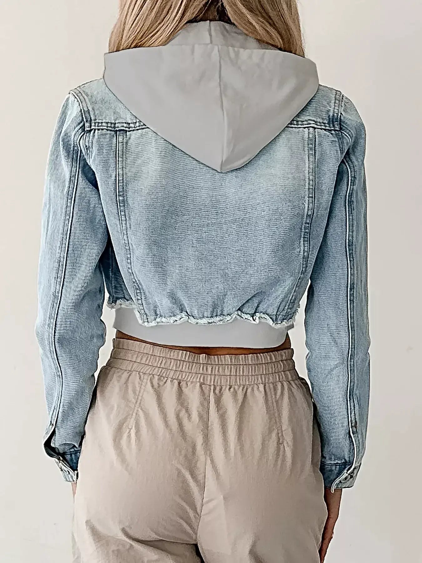 Distressed Zip Up Cropped Hooded Denim Jacket -