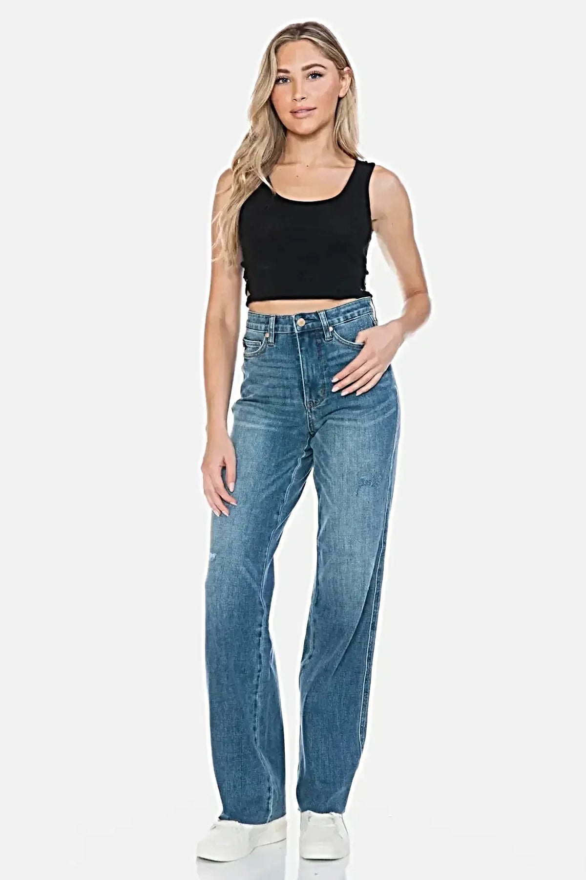 Judy Blue Full Size Tummy Control Cut Raw Hem Straight Jeans -