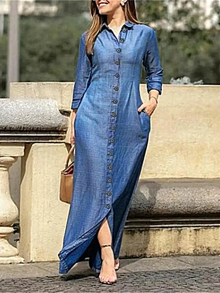 Full Size Button-Down Maxi Denim Dress Plus Size -