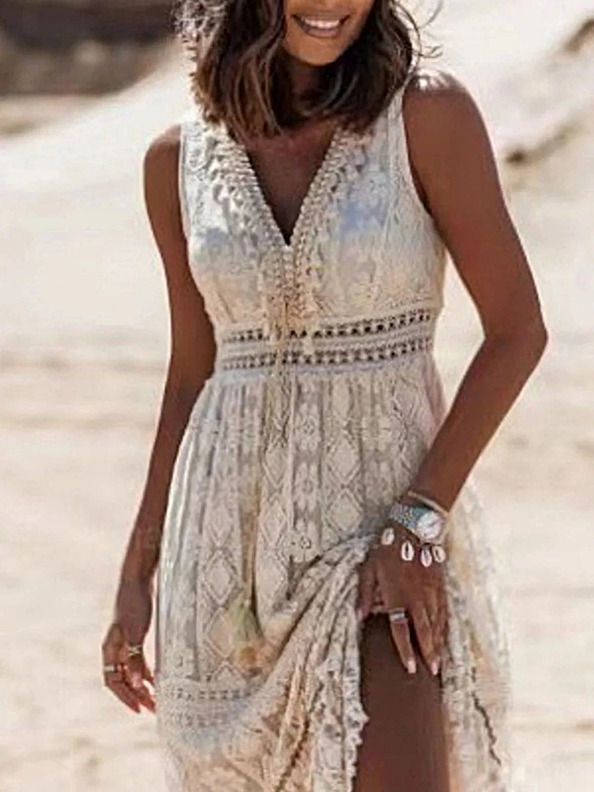 Lace V-Neck Sleeveless Maxi Dress -