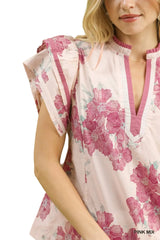 Umgee Mix Floral Ruffle Sleeve Blouse -