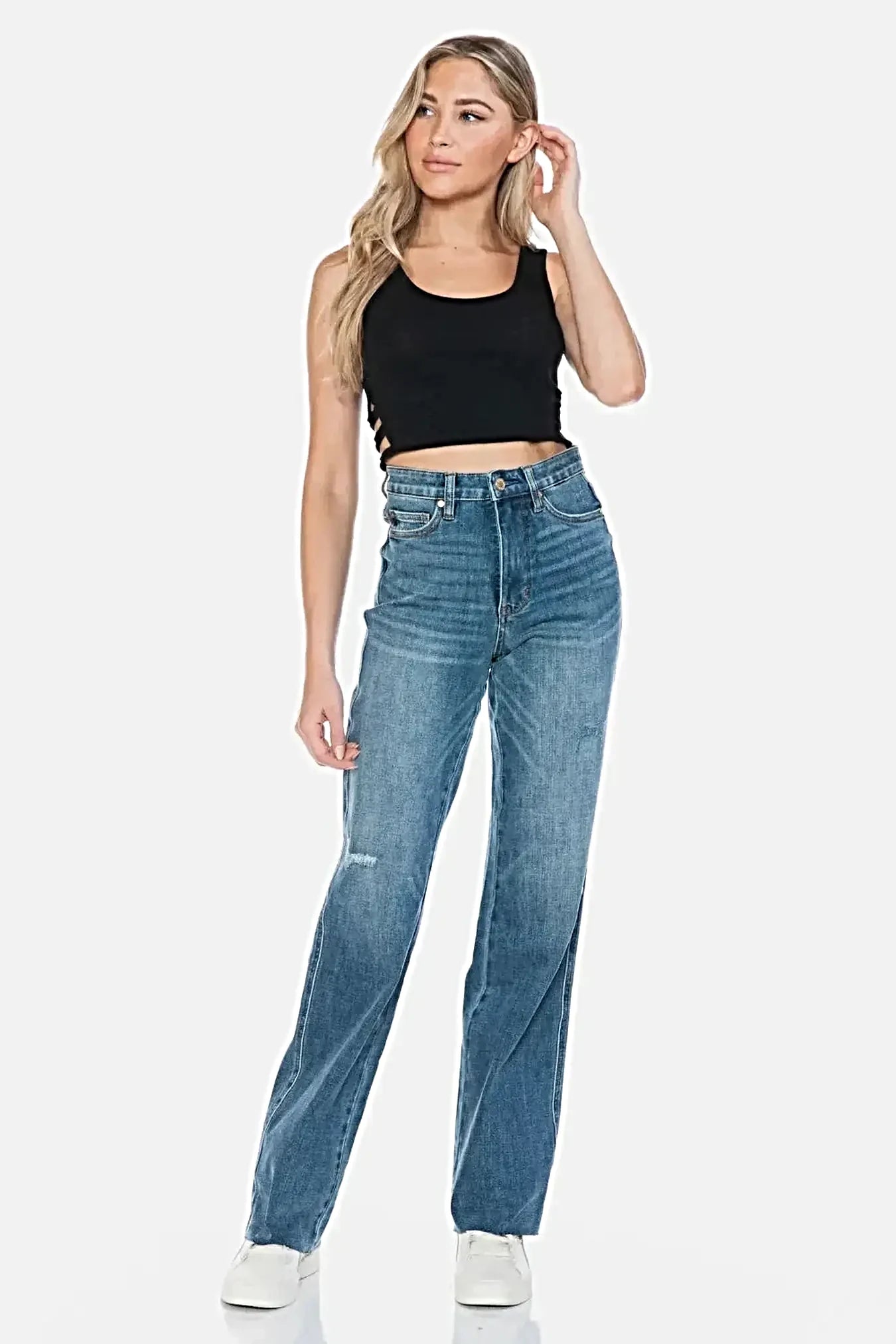 Judy Blue Full Size Tummy Control Cut Raw Hem Straight Jeans -