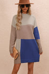 Color Block Mock Neck Dropped Shoulder Sweater Dress