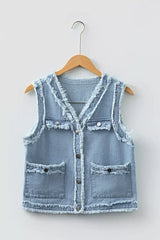 Frayed Edge Flap Pockets Denim Vest Jacket -
