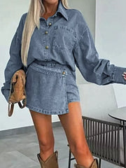Button-Front Shirt and Mini Skirt Oversized Denim Set -