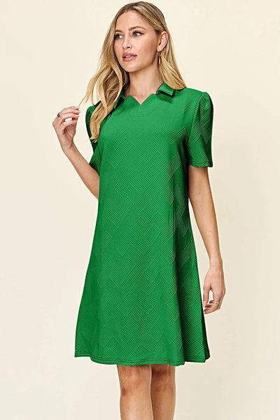 Elegant Double Take Short Sleeve Collar Dress - Textured Opaque Design, Slightly Stretchy, Machine Washable Trendsi