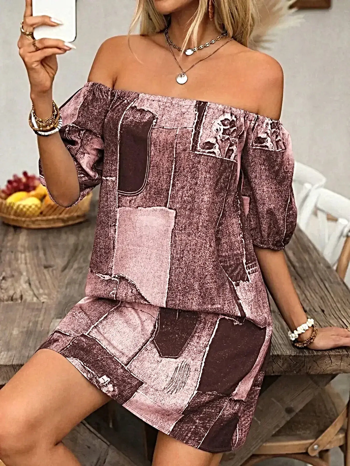 Elegant Off Shoulder Denim Dress - Patchwork Design, Classic Mini Style, 100% Polyester -