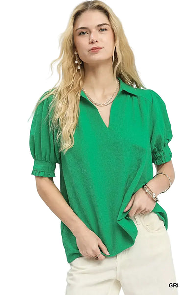 Elegant Seersucker Blouse with Puff Sleeves and Split V-Neck Design, 100% Polyester -