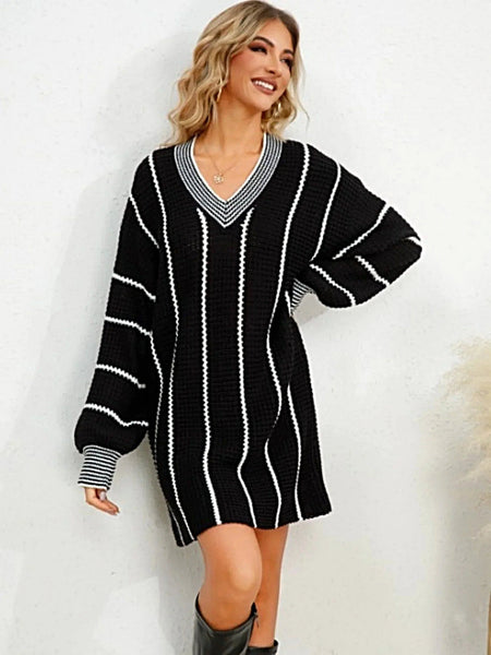 Striped V-Neck Long Sleeve Mini Dress -