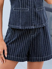 Round Neck Striped Top and Shorts Denim Set -