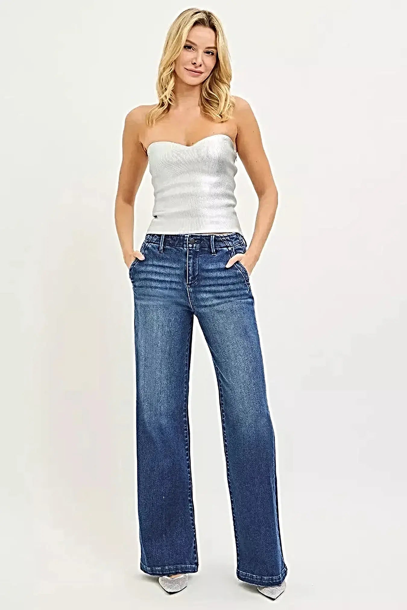 RISEN High Rise Wide Leg Slanted Pocket Jeans -