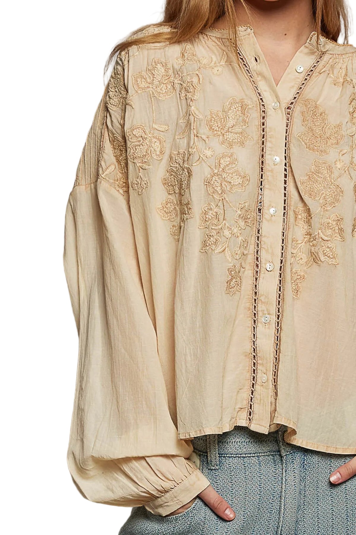 POL Embroidery Button Down Long Sleeve Washed Shirt -