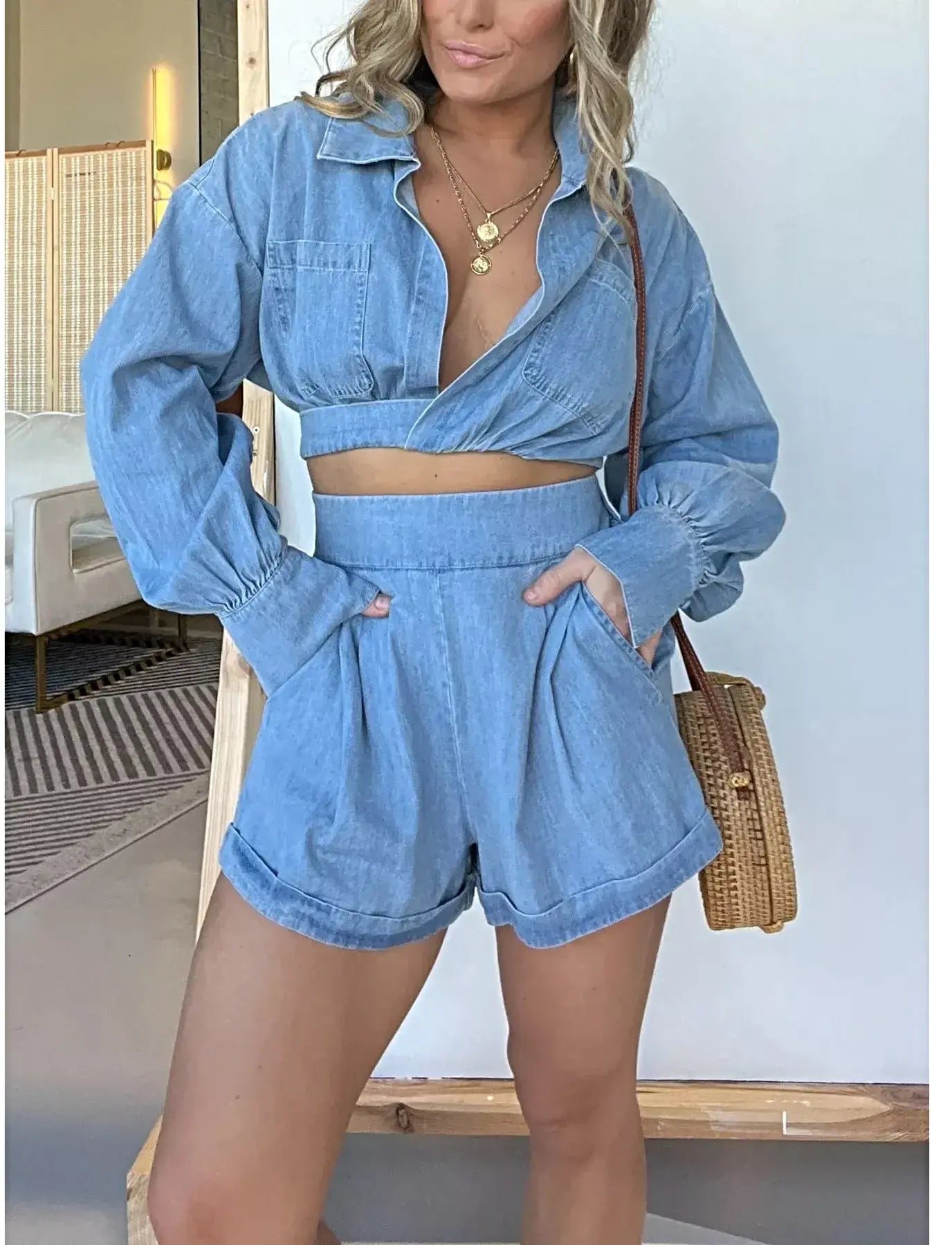Full Size Long Sleeve Top and Shorts Denim Set Plus Size -
