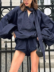 Tie Front Denim Top and Shorts Set -