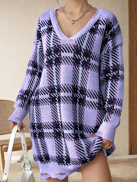 Distressed Plaid Sweater Dress with V-Neck and Long Sleeves - Trendy Comfort in One Size Trendsi