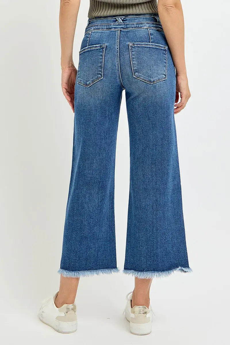 RISEN High Rise Crop Wide Leg Jeans with Wide Band Detail -