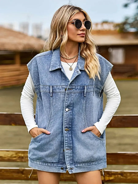 Button Up Collared Neck Sleeveless Denim Jacket -