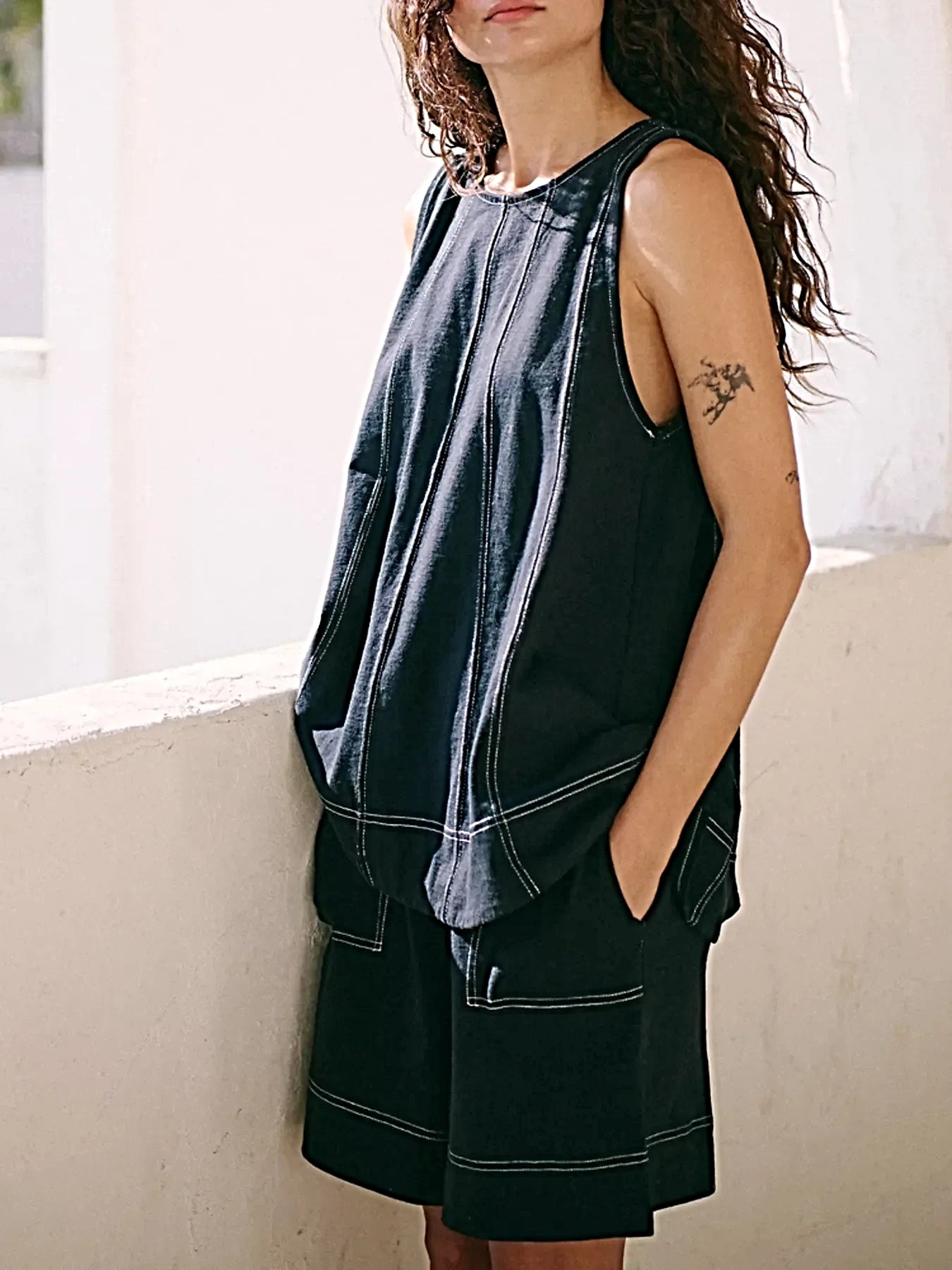 Casual Contrast Stitch Denim Tank Top and Shorts Set -